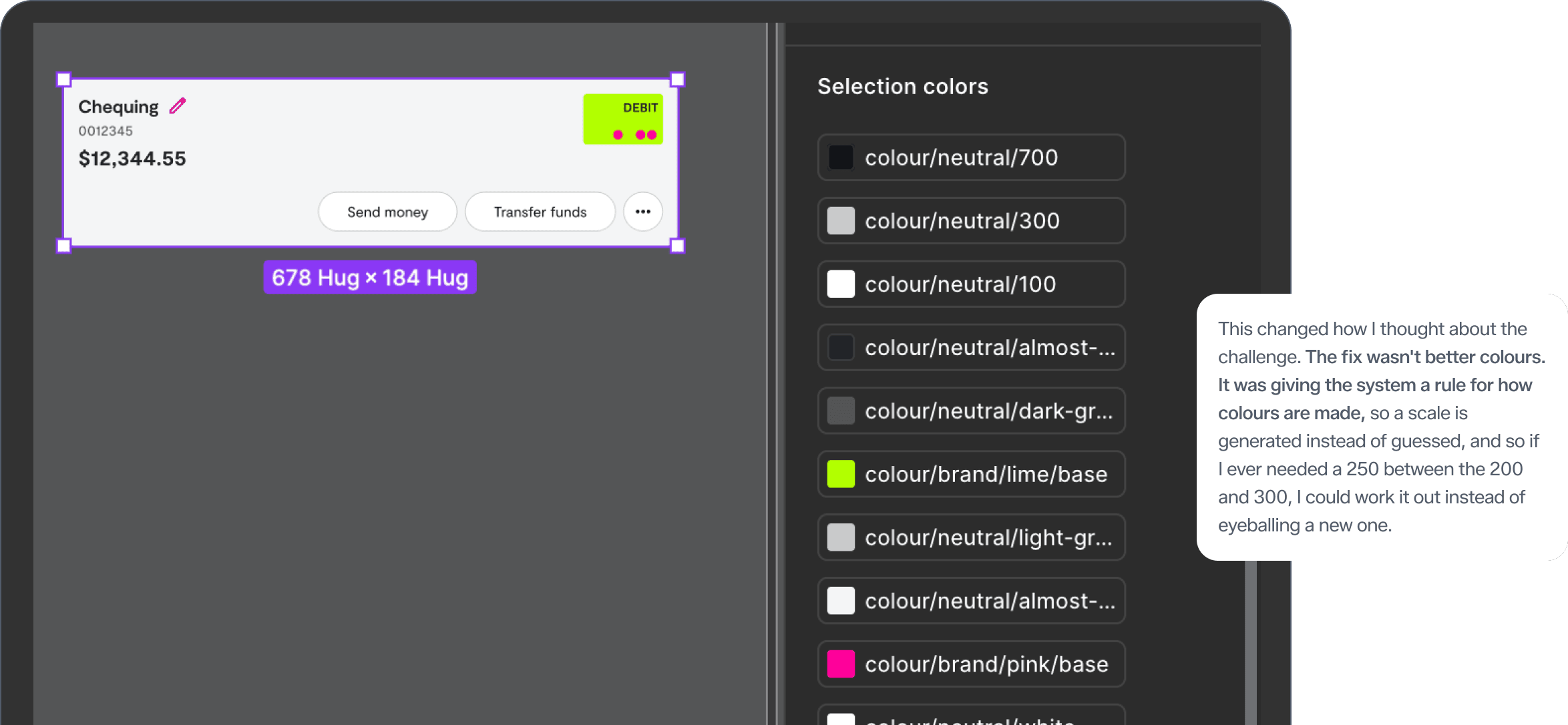 A Figma file showing a Chequing account card selected, with the Selection colors panel listing inconsistent token names such as colour/neutral/700, colour/neutral/almost-black and colour/brand/lime/base. A sticky note reads: the fix wasn't better colours, it was giving the system a rule for how colours are made.