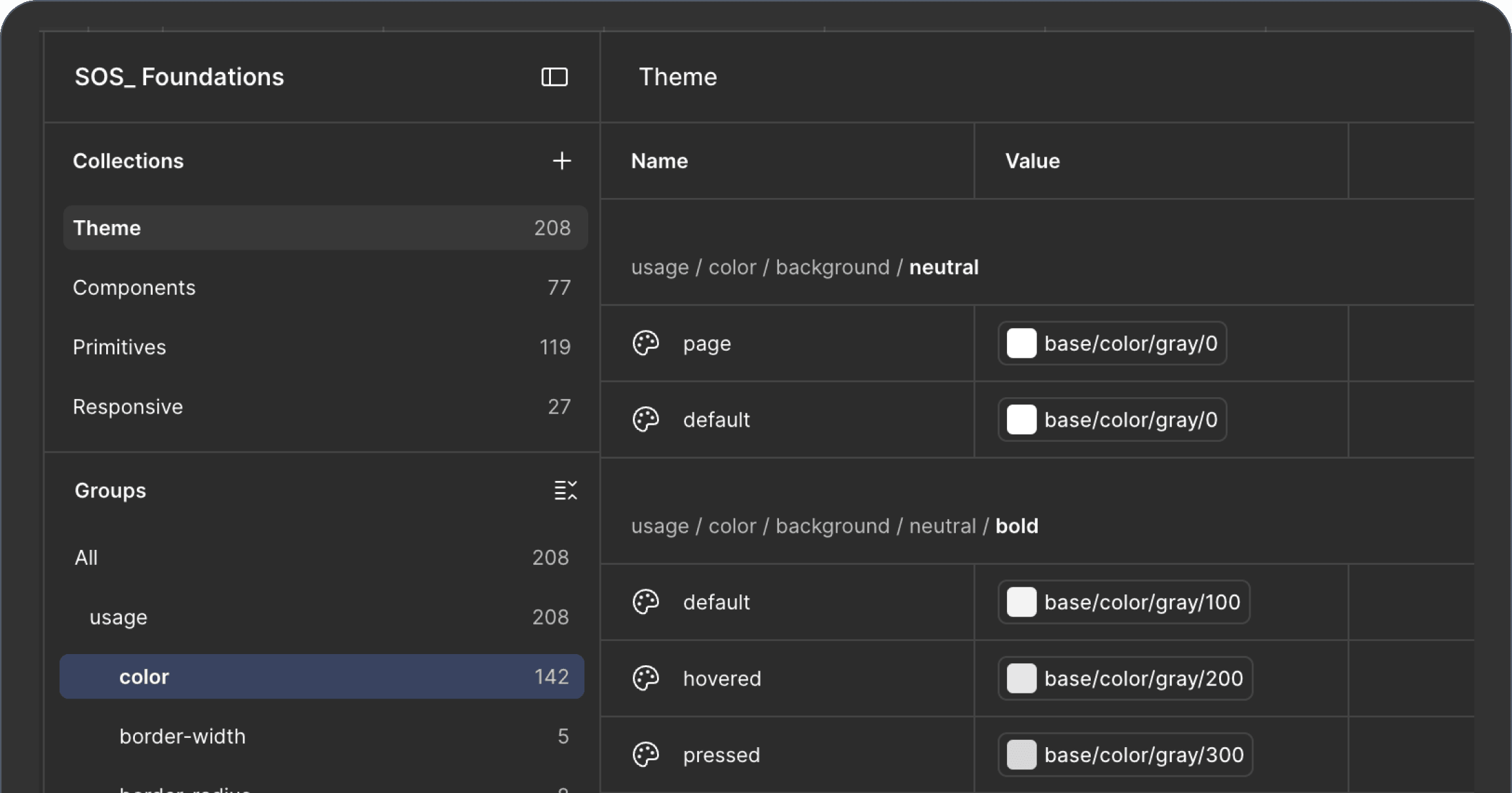 The colour tokens implemented in the product: application screens built entirely from the new semantic colour layer.