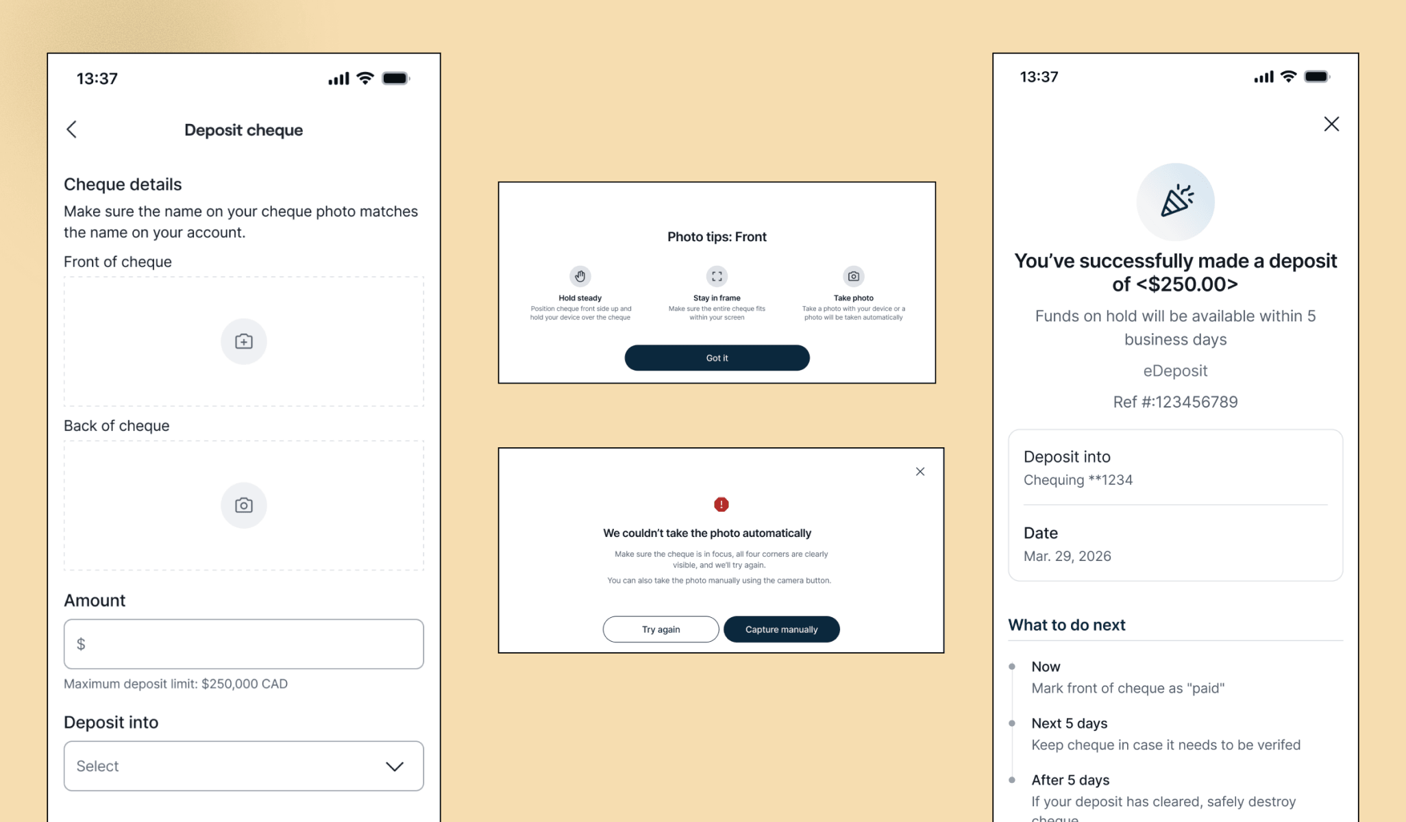 Screens from the mobile cheque deposit flow: capturing the cheque, photo tips, an error-recovery dialog, and the deposit confirmation.